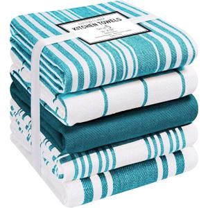 Cotton Clinic Assorted Kitchen Towels 5 Pack  Soft Absorbent Quick Drying Table & Kitchen Linen - Dish Towels, Dish Cloths, Tea Towel and Cleaning Towel with Hanging Loop  16x28 / Teal Green White