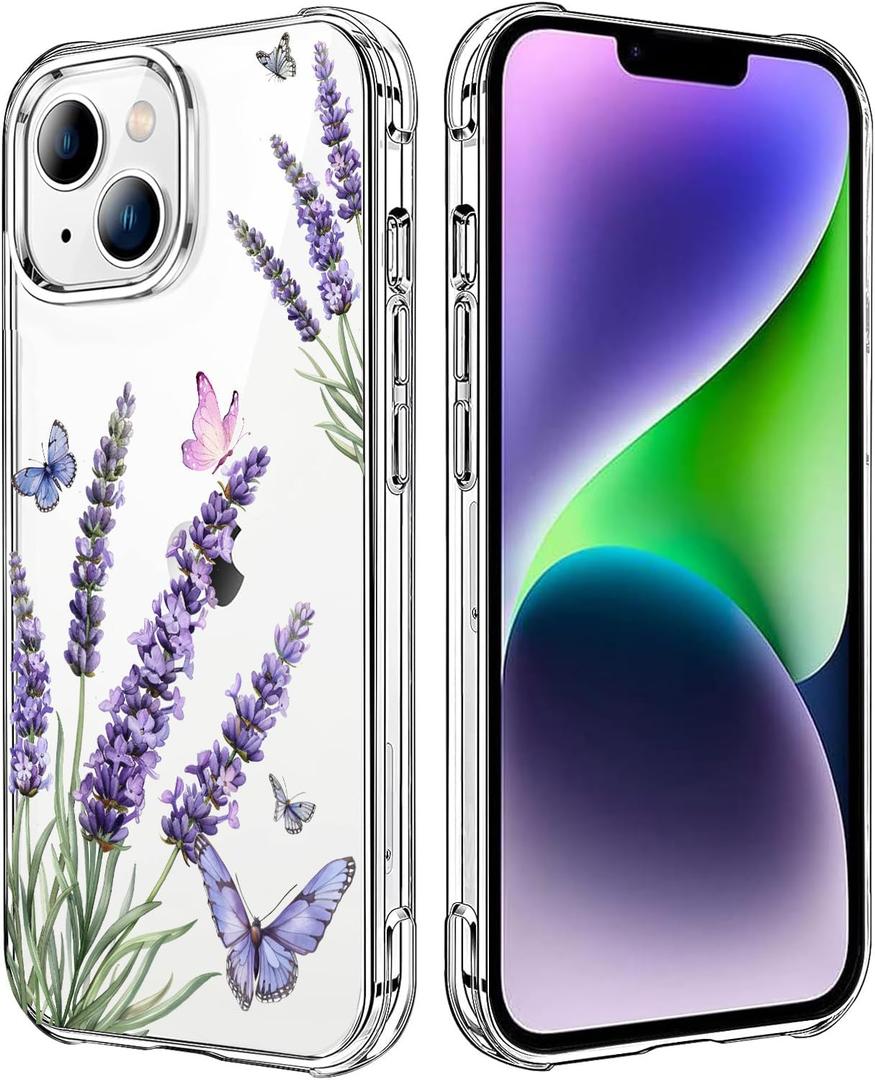 Lavender Flower Clear Case Compatible with iPhone 14 Plus, Cute Girls and Women Floral Back Case Cover, Summer Floral Transparent Flexible TPU Bumper Shockproof Protective Phone Case