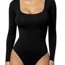 YOGINGO Long Sleeve Square Neck Bodysuits for Womens Going Out Body Suits Basic Leotards Jumpsuits Outfits Shirt Tops Halloween Fall Outfits Dupe Tummy Contro Black XL