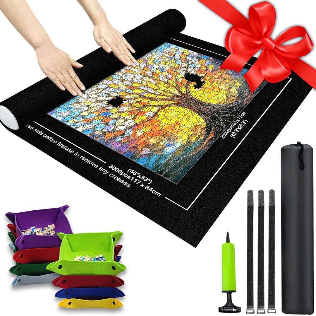Napzy Puzzle Mat-Jigsaw Puzzles Matt Roll Up to 3000pcs Roll-up Puzzled Board Puzzling Organizers and Storage with 8PCS Jigsaws Sorting Trays, Drawstring Storages Bag Jigsawn Keeper Saver (Blacks, 500-3000pcs)