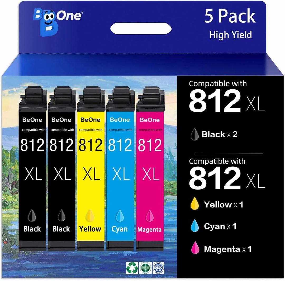 BeOne 812XL Ink Cartridges Combo Pack High Yield Remanufactured Replacement for 812xl Ink Cartridge Epson 812 812 XL Ink Cartridges for Epson WF-7840 WF-7820 WF-7310 EC-C7000 Printer (5 Pack)