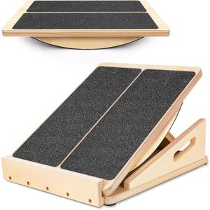 2-in-1 Professional Wooden Balance Board & Slant Board, Four Adjustable Incline Board and Calf Stretcher, Stretch Board for Knees Ankle Heel Feet Leg