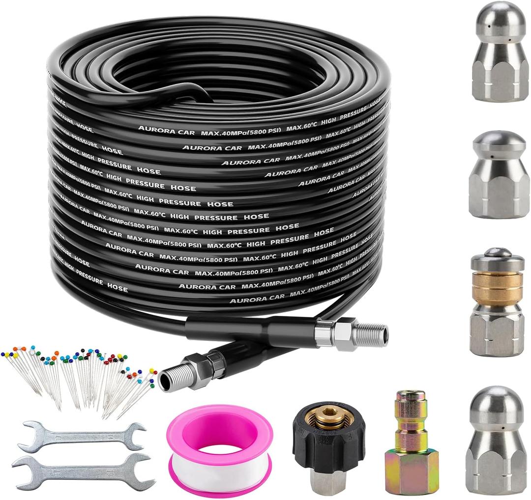 Sewer Jetter Kit for Pressure Washer 50FTDrain Cleaner Hose 1/4 Inch NPT Corner, Rotating and Button Nose Sewer Jetting Nozzle Kit Waterproof Tape Pearl Corsage Pin and Spanners 5800PSI