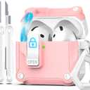 R-fun Compatible with AirPods 4th Gen Case, Full Drop Protection Auto Pop-Up Lid and Lock Design with Cleaner Kit and Keychain for AirPods 4 2024-White/Pink