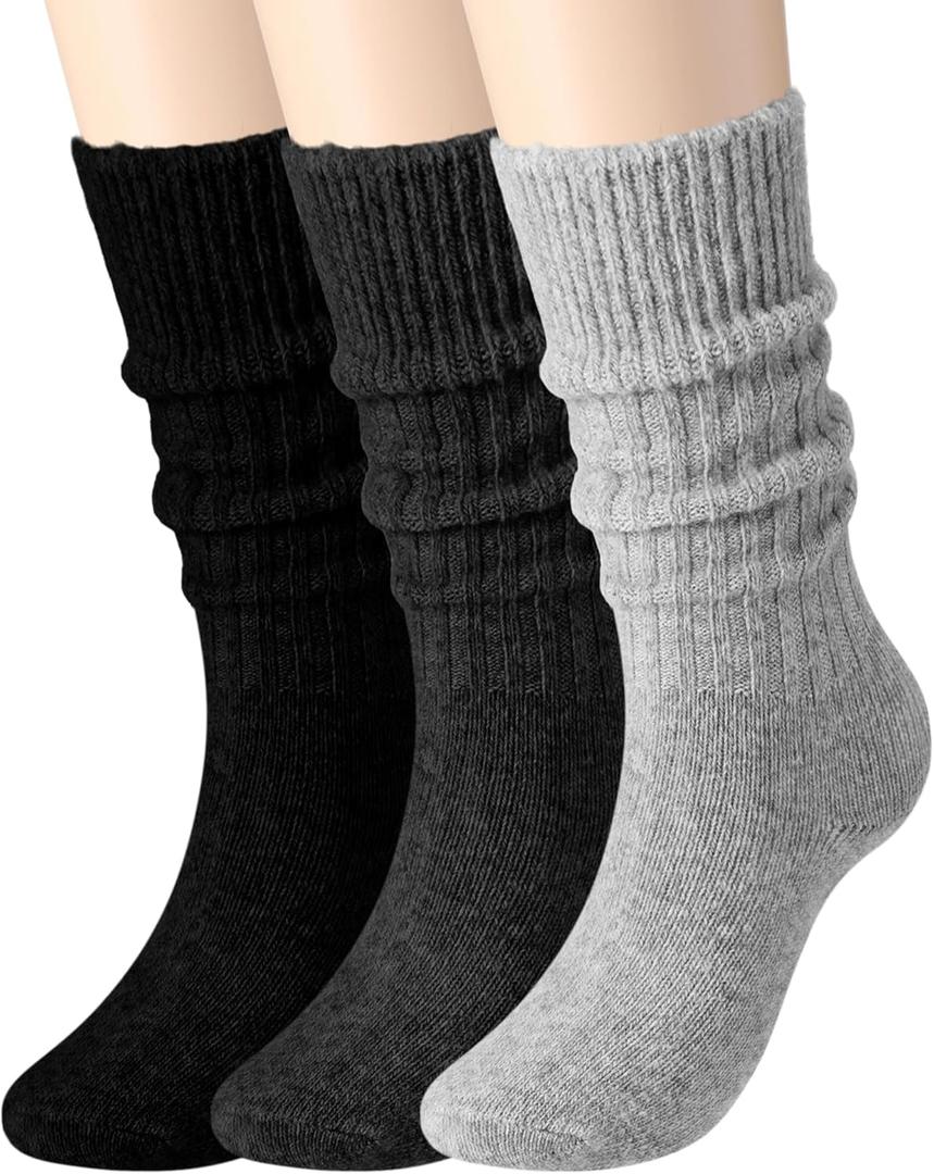 Berlune 3 Pairs Winter Wool Socks Women Warm Ribbed Knit Wool Crew Socks Thermal Cozy Lady Gift for Cold Weather Snow Boot (Monochrome)