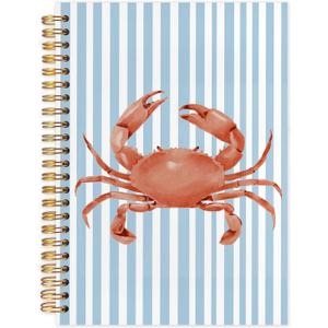 Coastal Beach Crab Spiral Notebook Journal 5.5x8.3, Ocean Beach Journals for Writing, Crab Gifts, Blue Striped Ocean Hardcover Notebooks for Note Taking