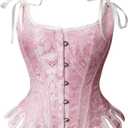 Charmian Women's Victorian Vintage Boned Brocade Lace Up Bustier Overbust Corset Top with Straps Pink Medium