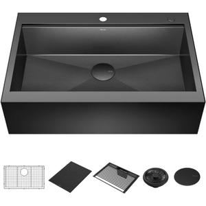 DELTA FAUCET Rivet 33 In Black Stainless Steel Retrofit Farmhouse Apron Front Workstation Kitchen Sink Single Bowl/PVD Gunmetal Finish w/ Accessories for Top Mount Drop-In Installation,95D9031-T33S-GS