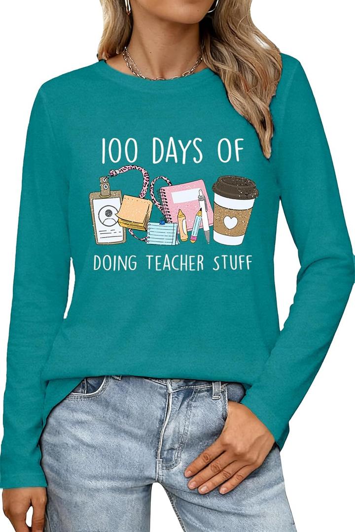 100 Days of School Shirt Teacher School Days Long Sleeve Shirts Funny 100 Days Celebration Tee Tops (XL)