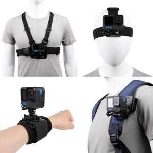 Accessories Set for GoPro Hero 13/12/11/10/9/8/7/6/5/4,New Quick Release Head Strap Mount + Chest Mount Harness + Backpack Clip Holder + 360Rotating Wrist Strap