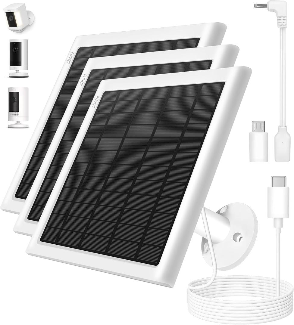 8W Solar Panel for Ring Camera, 3-Pack Solar Panel Charger Compatible with Ring Stick Up Cam Battery, Spotlight Cam Battery, Includes Barrel Plug to USB-C Adapter, IP65 Waterproof, 10ft Cable