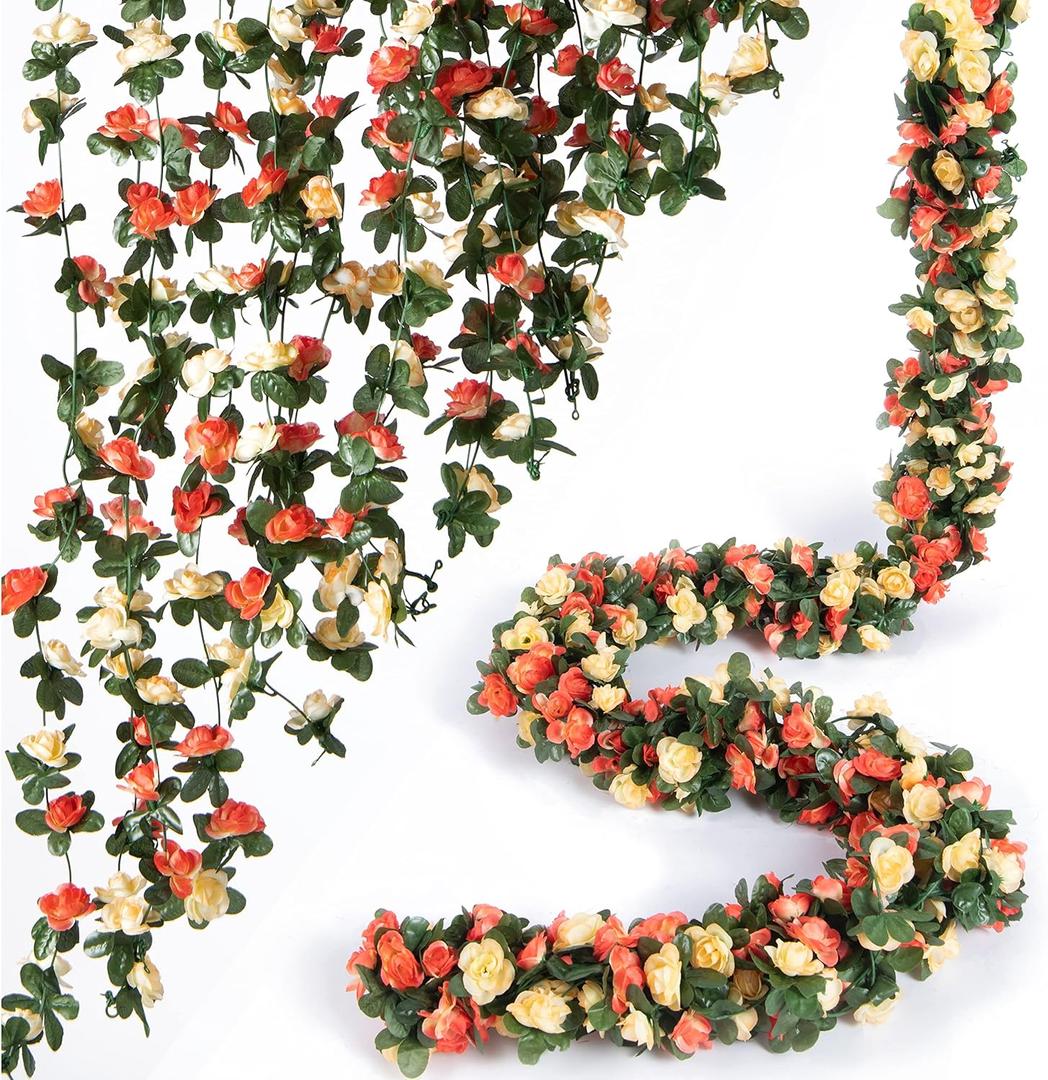 8 Pcs 66FT Flower Garland, Artificial Rose Vine Flowers with Green Leaves, Hanging Fake Roses Vine for Room Anniversary Wedding Birthday Christmas Wall Arch Decor, Champagne Flower