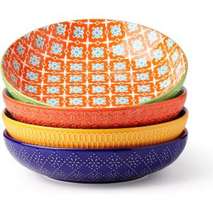 Ceramic Pasta Bowls, 40 Oz Large Salad Bowls, 8.75'' Wide and Shallow Bowls for Kitchen, Serving Bowls and Plates Set, Dishwasher & Microwave Safe, Set of 4 (Vibrant Colors)