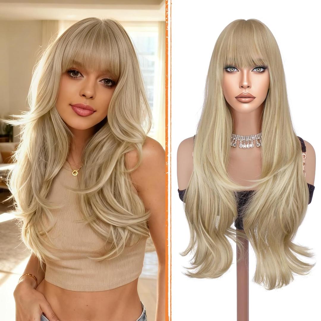 Haloo Blonde Wigs with Bangs - Long Layered Natural Looking Synthetic Heat Resistant Wavy Hair Wigs for Women Daily Party, 26 Inch Dirty Blonde