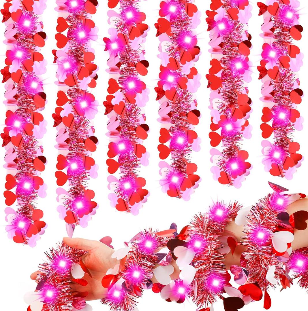 Chuangdi Chuangdi 16.4 Feet Valentine's Day Tinsel Garland with Lights 50 LEDs Metallic Tinsel Twist Garland Hanging Shiny Lights for Valentine Tree Wreath Wedding Home Party Decorations(Mixed Pink)