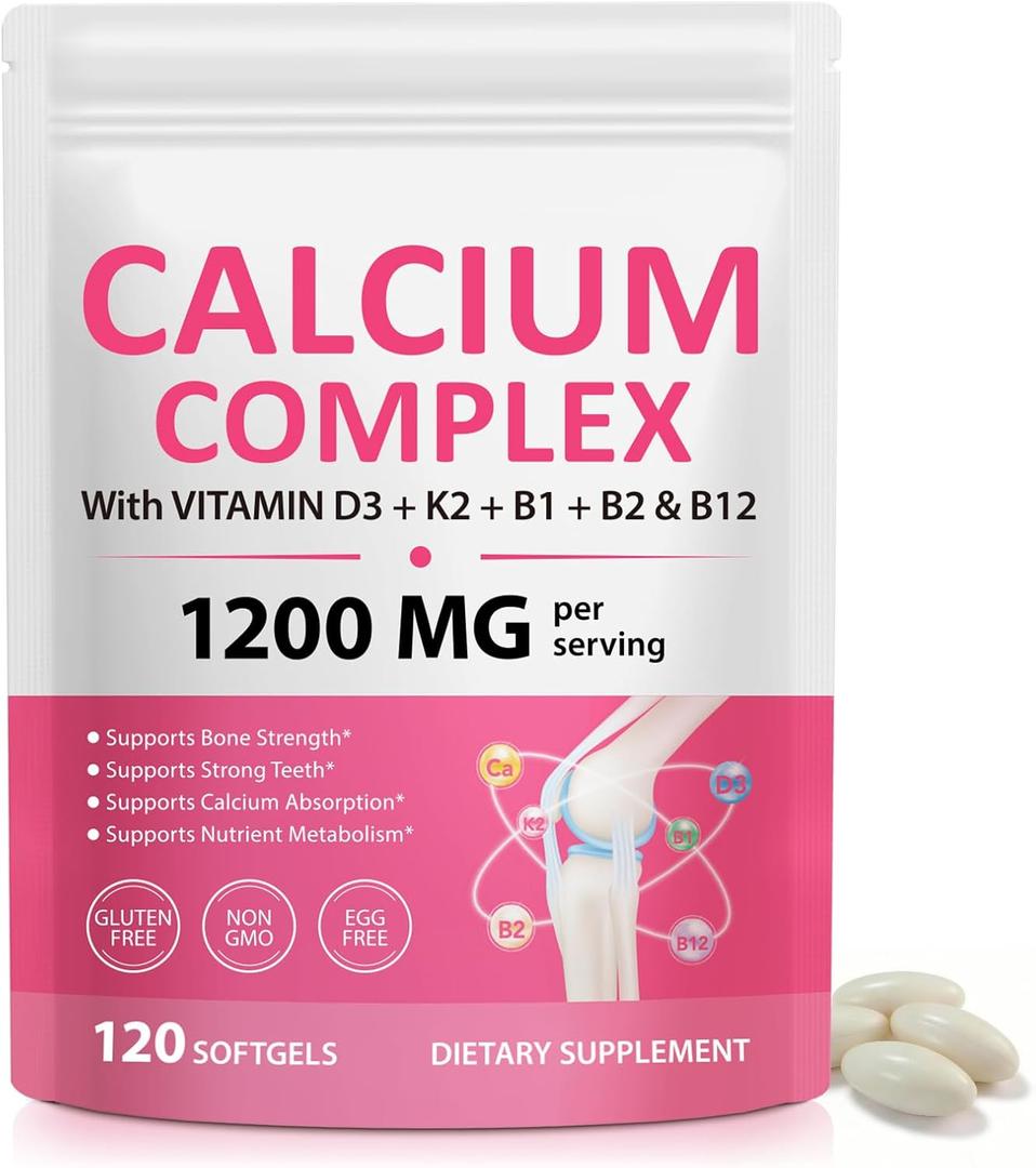 Calcium 1200mg with Vitamin D3 & K2 Softgels, High Absorption Calcium Supplement for Bone & Teeth Support, Daily Calcium for Women Men & Seniors, Easy to Swallow, 120 Softgels, Exp: 03/29/2029