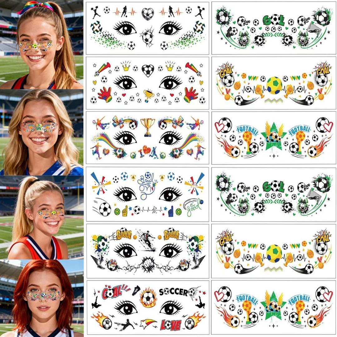 12Sheets Soccer Face Temporary Tattoos Sport Theme Tattoos for Europa World Cup Football Party Decoration Tattoos Stickers for Girls Boys Makeup Decals