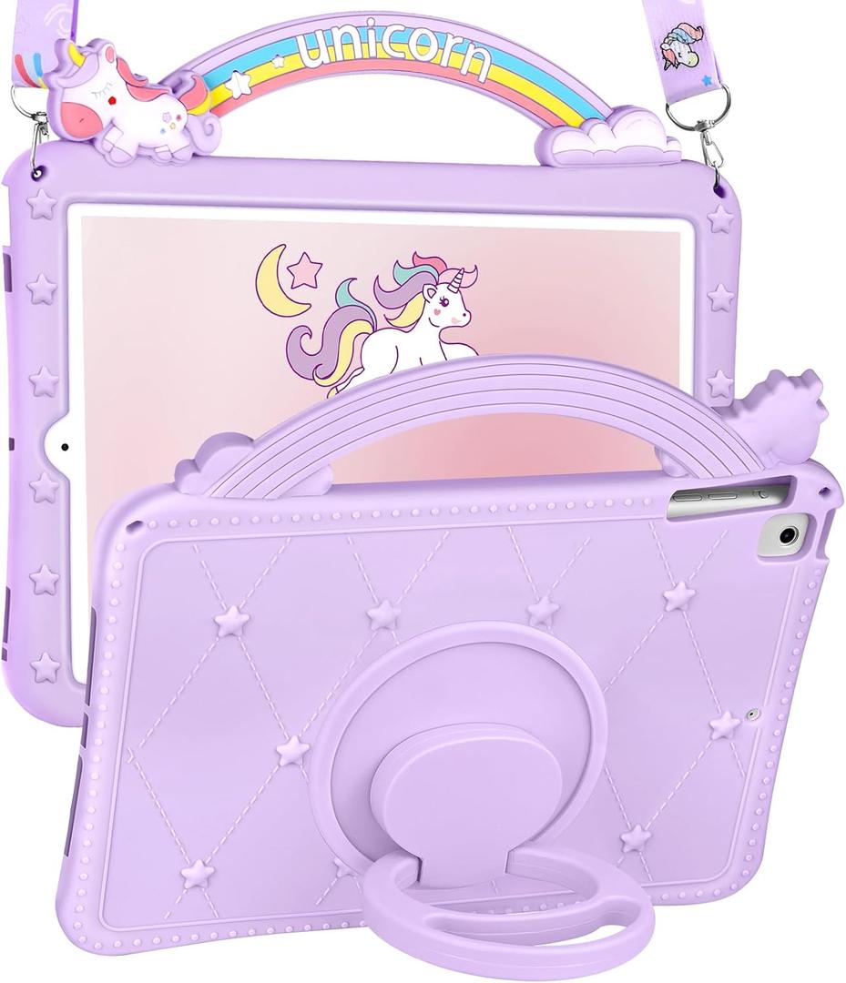 Wazzasoft iPad Case for 6th/5th Generation (2018/2017), Air 1st/2nd Gen, Pro 9.7 (2016) - Girls Cute Cartoon Girly Kawaii Design Silicone Cover With Rotating Stand & Strap 1-Purple, for iPad 5th/6th/Air 1st/Air 2nd/Pro 9.7"