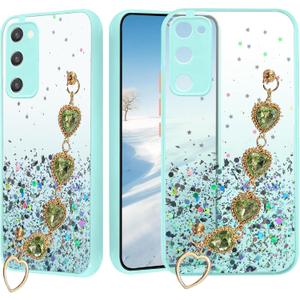 for (164.2mm) Samsung Galaxy A03s Case Clear Glitter Silicone, Shockproof Phone Case Samsung A03s Case with Chain Strap Bracelet for Women Aesthetic Slim Cover Pink Cute (Green)