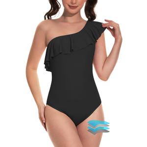 Beautikini Period Swimwear One Piece Menstrual Leakproof Swimsuit One Shoulder Ruffle Bathing Suits for Girls Teens (Black, L)