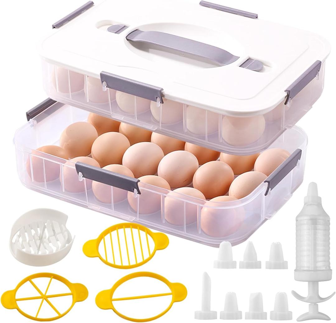 2 Layer Deviled Egg Containers with Lid, 36 Slots Deviled Egg Tray Carrier with Handle and Injector Piping Tool, Fridge Stackable Portable Clear Storage Egg Platter for Party Picnic Travel (white)
