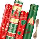 Panigkids Christmas Wrapping Paper Jumbo Rolls, Large Xmas Wrap Paper for Kids Adults, Gift Wrapping Paper Christmas 4 Rolls (17in x 16ft) with Green & Red Christmas Tree