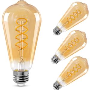 LED Dimmable Edison Light Bulbs 4W, 2200K-2400K Warm White (Amber Glass) ST64, E26 Base Pack of 5