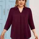 Amrto Womens Plus Size Shirts Collar Tops 3/4 Sleeve V Neck Blouse Loose Fit Soft Casual Business(XL) (Red)