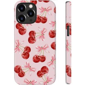 for iPhone 16 Pro Max Case, Wireless Charging Compatible,Dual-Layer Protection with Cute Wildflower, Soft Silicone + Hard Shell, Chic Phone Cover for Women - Sweet Cherry Bows