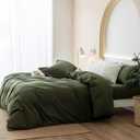 JIYUAN Queen Size Duvet Cover Set, 3-Piece - 100% Washed Cotton, Linen-Like Soft & Breathable with Zipper Closure, Includes 90x90 Inch Cover & 2 Pillowcases, Solid Olive Green