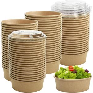 Lyellfe Kraft Paper Bowls with Lid, 17 oz, 50 Pack | Disposable, Water/Oil Proof, For Hot Cold Food, For Soup Salad Ice Cream