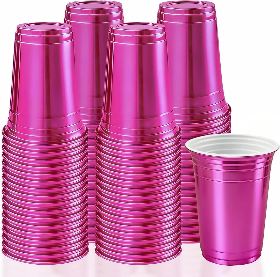 100 Count Metallic Pink Plastic Cups - 16 oz Disposable Plastic Party Cups for Easy Cleanup and Large Gatherings, Assorted Colors Cups for Birthdays, Parties, Christmas and Everyday