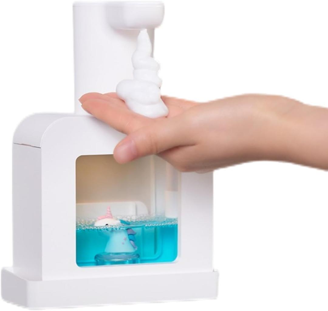 Cute Automatic foaming Soap Dispenser, White, Sensor Hand sanitizer Dispenser Wall Mount for Bathroom& Kitchen Kids Rechargeable countertop refillable soap Dispenser touchless with Tray(White)