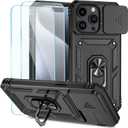 SunStory Compatible with iPhone 15 Pro Case with HD Screen Protector & Slide Camera Cover & Rotated Ring Kickstand, [Military-Grade] Phone Case for iPhone 15 Pro,Black