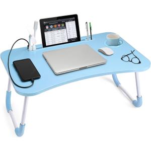 Slendor Lap Desk with Cup Holder, Foldable Laptop Table for Bed, Portable Bed Desk for Laptop and Writing, Computer Tray with Tablet Slot, Notebook Stand Reading Holder for Couch Sofa Floor,Blue