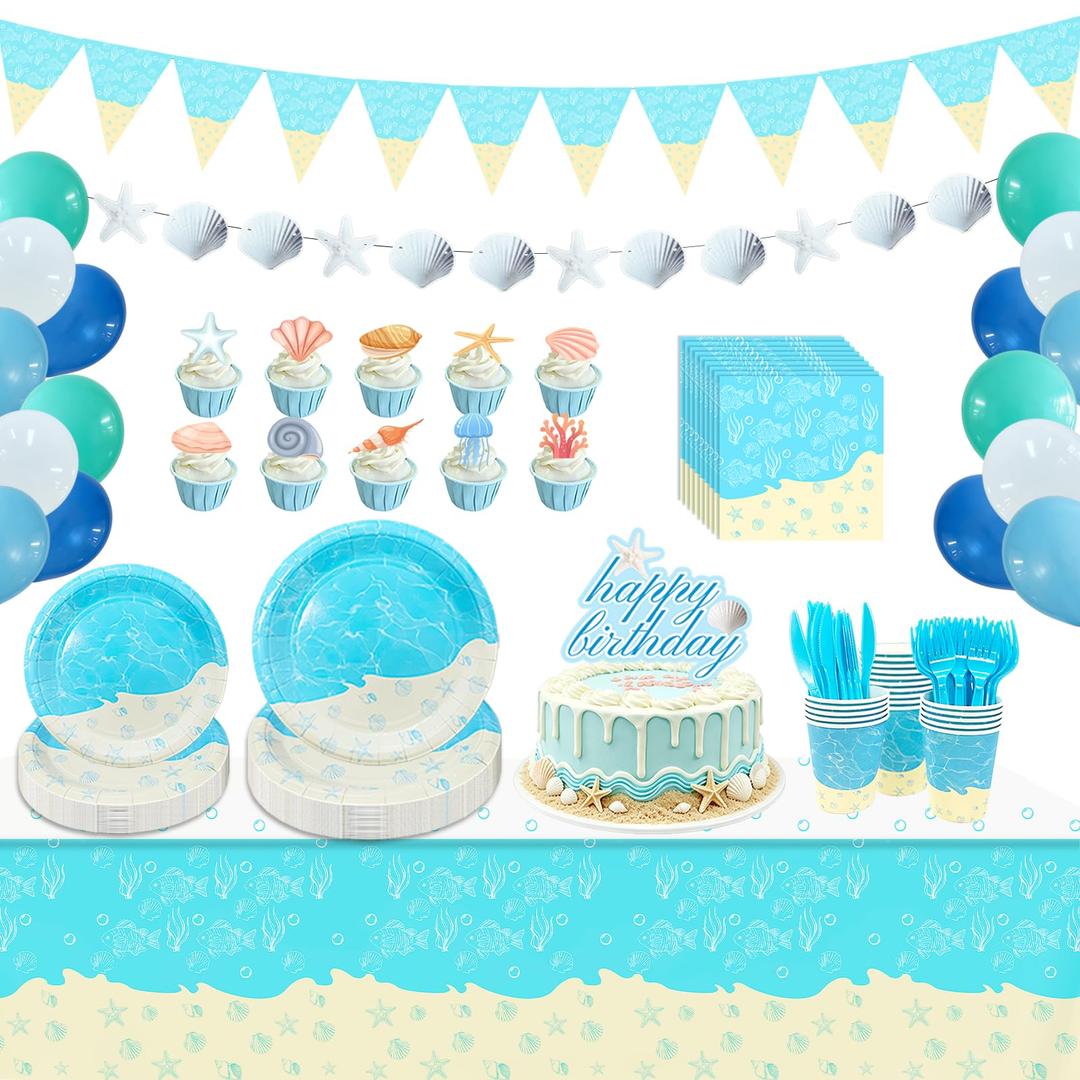 148 Pcs Beach Party Decorations Supplies, Birthday Tableware Set, Serves 24