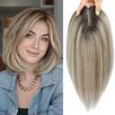 100% Real Human Hair Topper for Women Human Hair Pieces for Women 12 inch Ombre Light Brown with Blond Highlight Hair Hoppers Mono Base Hairpieces for Thinning Hair2T613