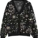 Women's Plus Size Boho Printed Cardigan Sweaters Button Up V Neck Long Sleeve Grunge Punk Knit Tops Hippie Outerwear (4X-Large Plus, Black)