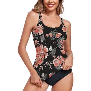 WOWENY Tankini Tops for Women Sleeveless No Bottom Bathing Suits Tummy Control Square Neck Modest Swimsuit Top Only (Small, Black Floral)