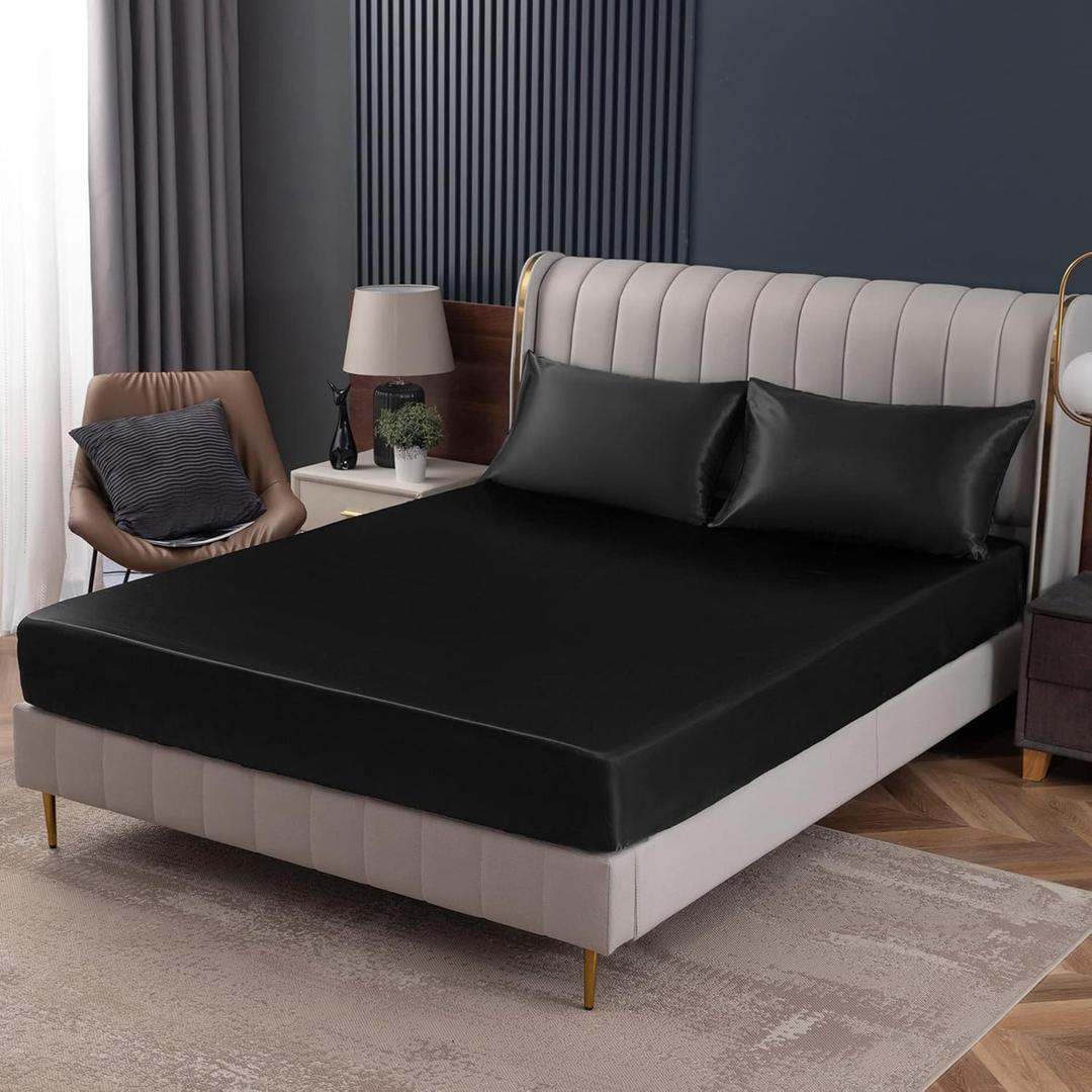 Homiest Black Satin Fitted Sheet Queen Size, Deep Pocket, Luxury & Ultra Soft Bedding