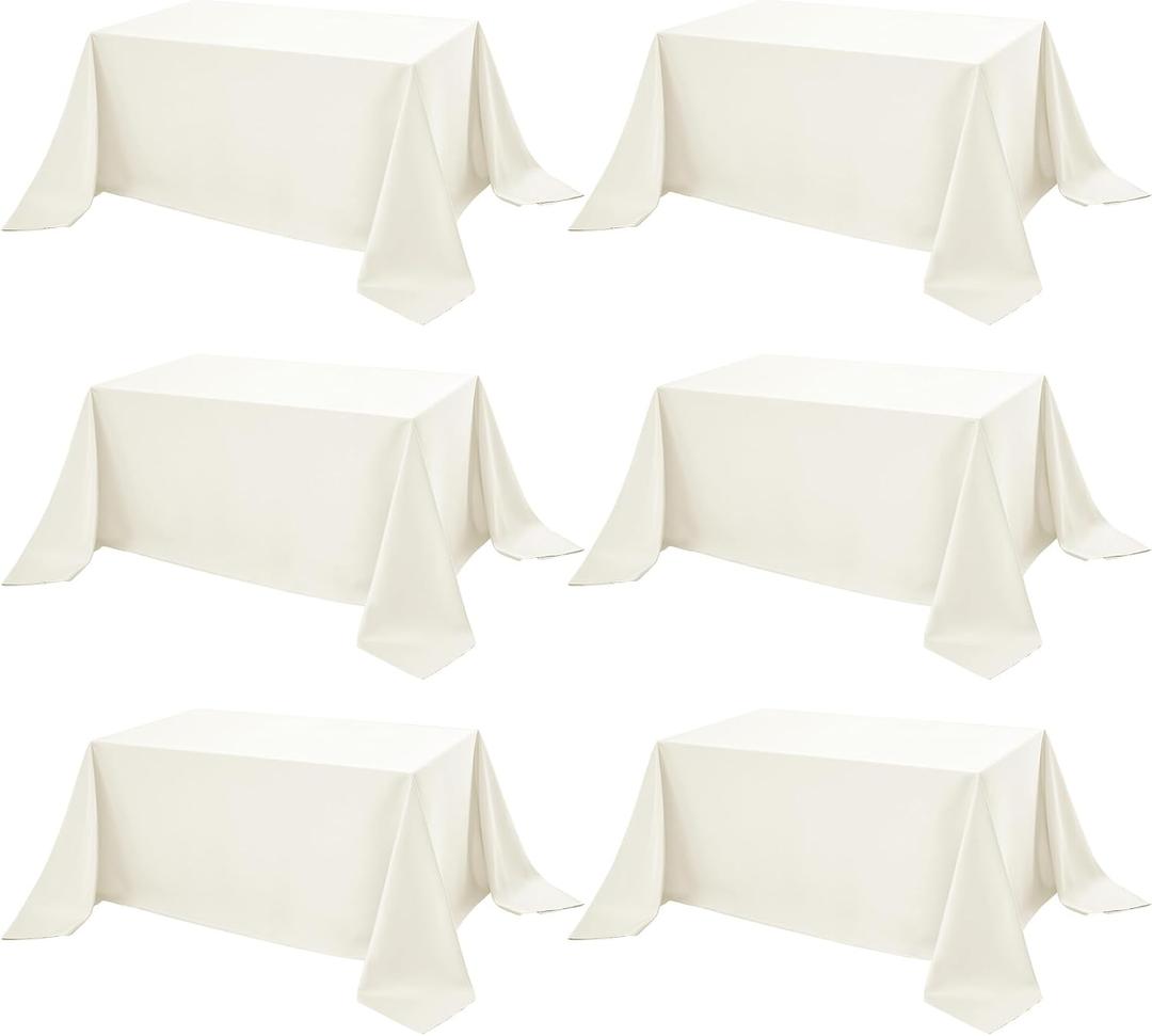 6-Pack Ivory Tablecloths for Rectangle Tables, 90 x 132 Inches, Stain-Resistant Polyester Fabric for 8 Foot Tables - Washable Table Covers for Weddings, Banquets, Birthday Parties, Events