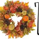 Fall Wreaths for Front Door 26'' Autumn Velvet Pumpkin Wreath with Metal Hook Large Harvest Maple Wreath Fall Decoration for Home Halloween Thanksgiving Decoration, Briful