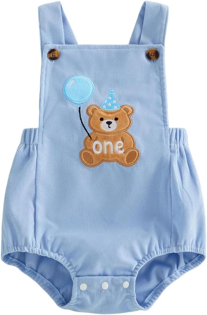 Suolongsama Baby Boy Birthday Outfit Animal One Embroidery Sleeveless Romper Backless Bodysuit Cake Smash Cute Summer Clothes (12-18 Months, Blue)