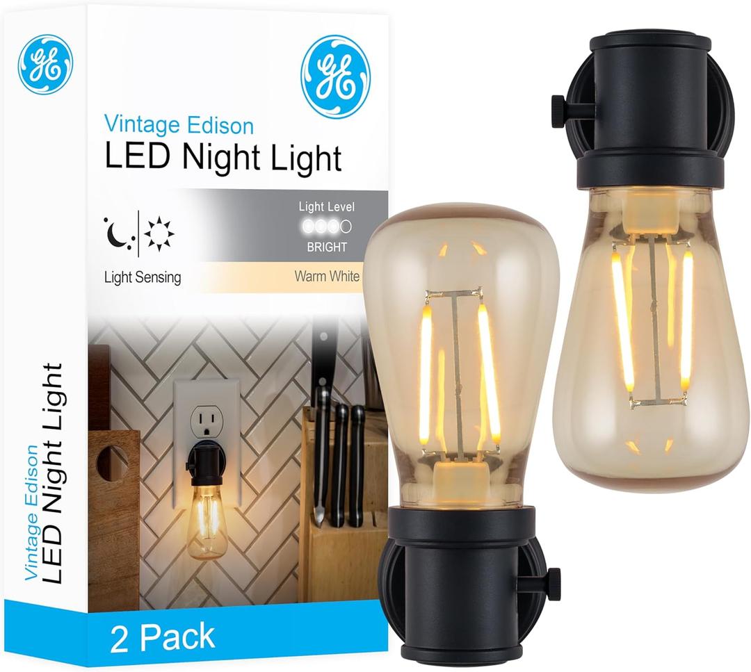 GE Vintage LED Edison Night Light, Plug-in, Dusk to Dawn, Farmhouse Decor, Mood Lighting, Home Decor, Ambient Lighting, LED Lights for Bedroom, Bathroom, Kitchen, Hallway, Black, 2 Pack, 71349