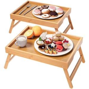 Fibogollo 2 Pack Bamboo Bed Tray Table with Folding Legs,Breakfast Trays,Serving Tray for Food and Snack,Laptop Trays for Working(Natural)