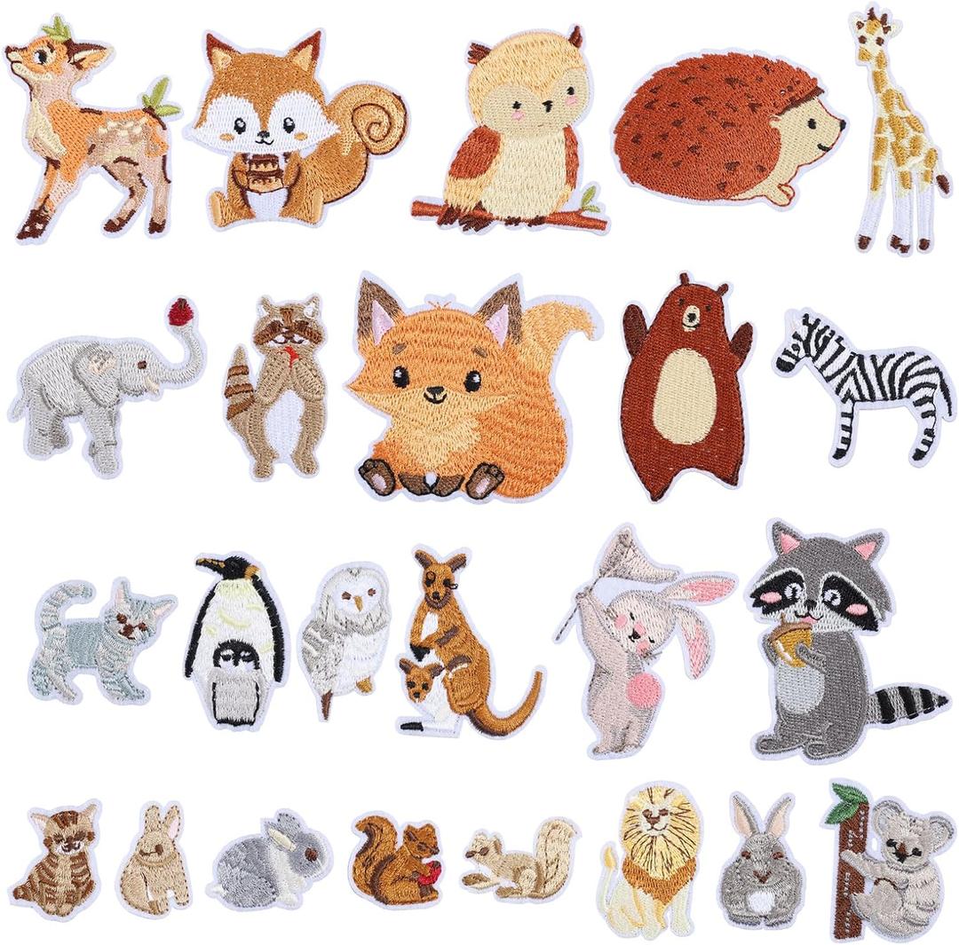 24Pcs Animals Embroidered Patches Woodland Animals Iron on Patches Cute Sew on Appliques Zoo Rabbit Squirrel Fox Lion for Clothes Shoes Backpacks Caps Hair Clips