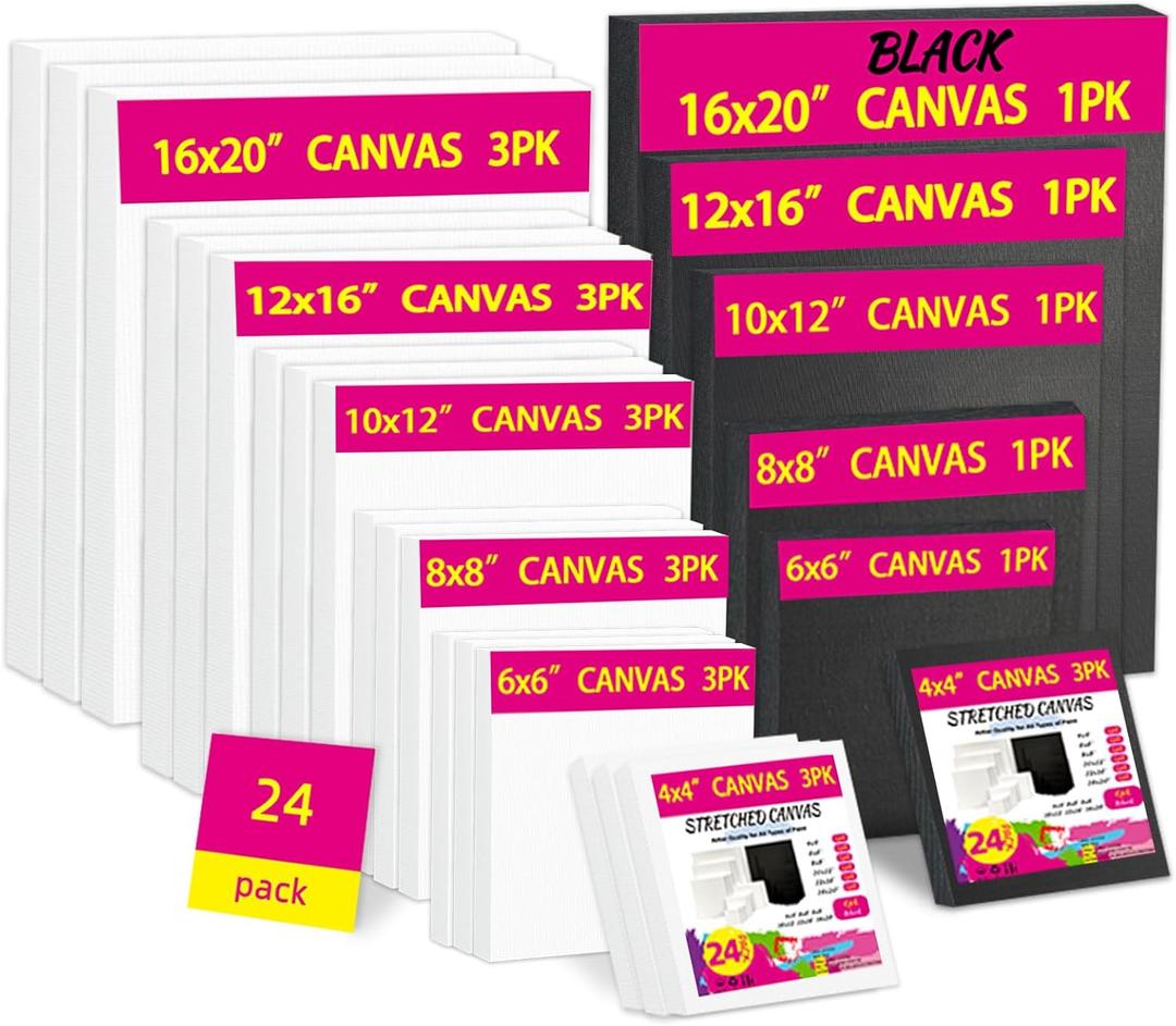 24-Pack Stretched Canvas for Painting, 6 Sizes 4"x4" to 16"x20" Canvas, 12 oz Double Primed 100% Cotton Black Canvas, Reinforced Wood Frame, Perfect for Oil, Acrylic & Mixed Media Artists