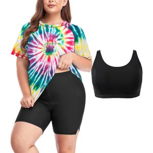 Inno Women's Plus Size 3 Piece Rash Guard Set with Bra Swimsuits Short Sleeve with Boyshorts UPF 50+ Surfing Swimwear, Floral with Bra, 6X