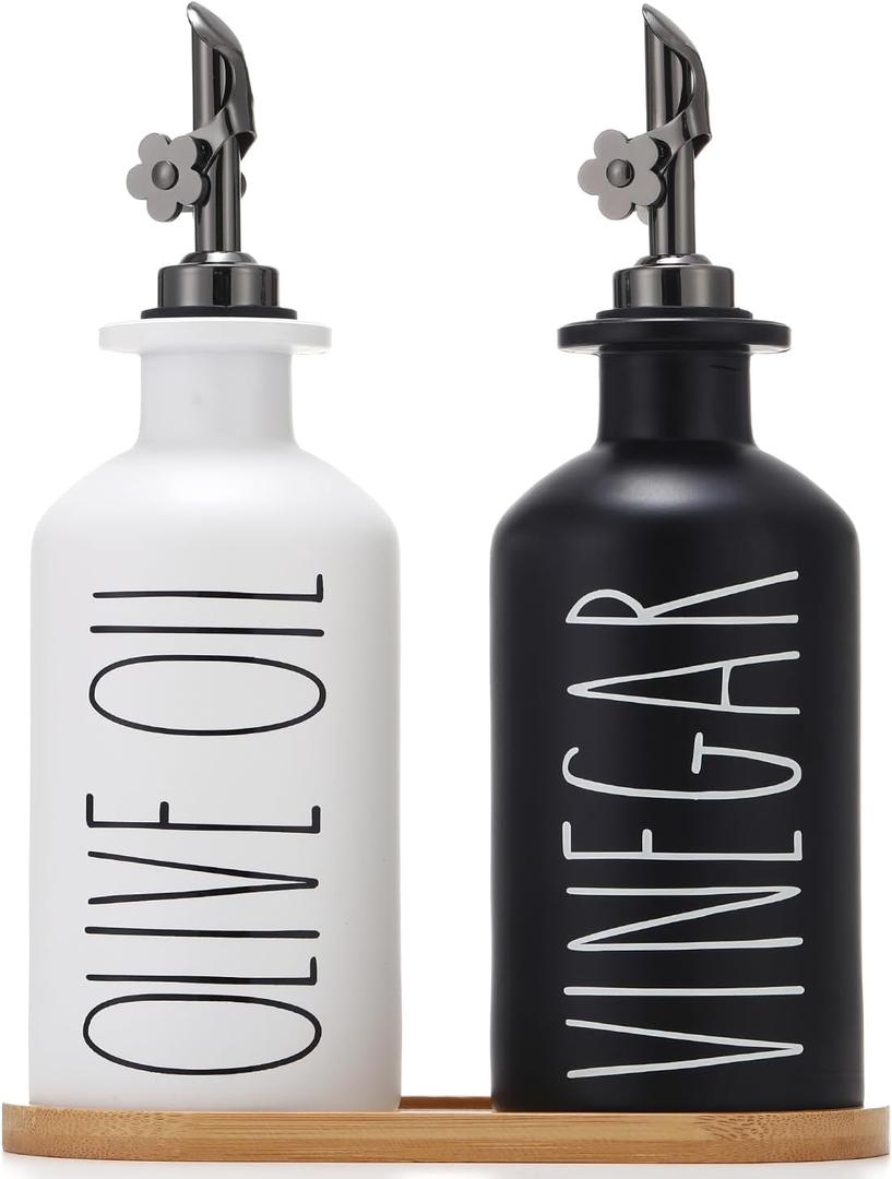 HOMCDALY Premium Olive Oil Dispenser for Kitchen, 11.8oz Glass Oil Bottles with Bamboo Tray, Oil&Vinegar Cruet Set, Kitchen Dispenser Bottles with Pourer | Set of 2 (11.8oz PBlack&White)