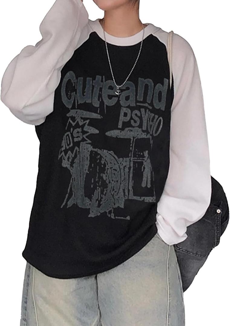Women Oversized Graphic Shirt Ribbed Patchwork Long Sleeve Y2k Tops Teen Girls Baggy Grunge Clothes (Large, Black White)